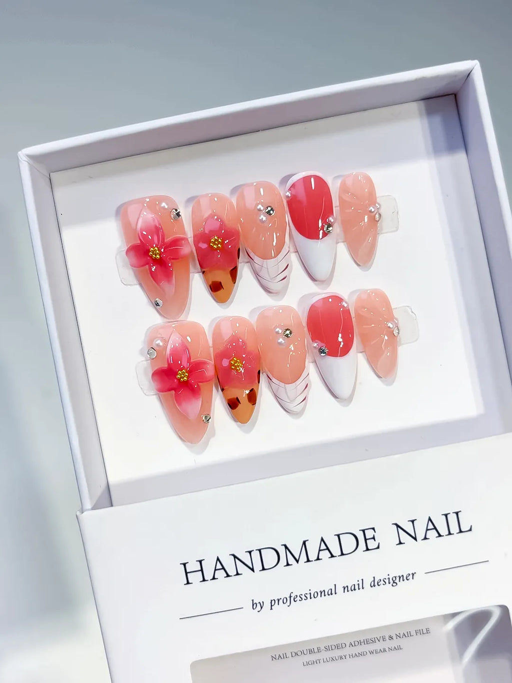 Medium Nude Orange Almond French tip Flower Animal Print