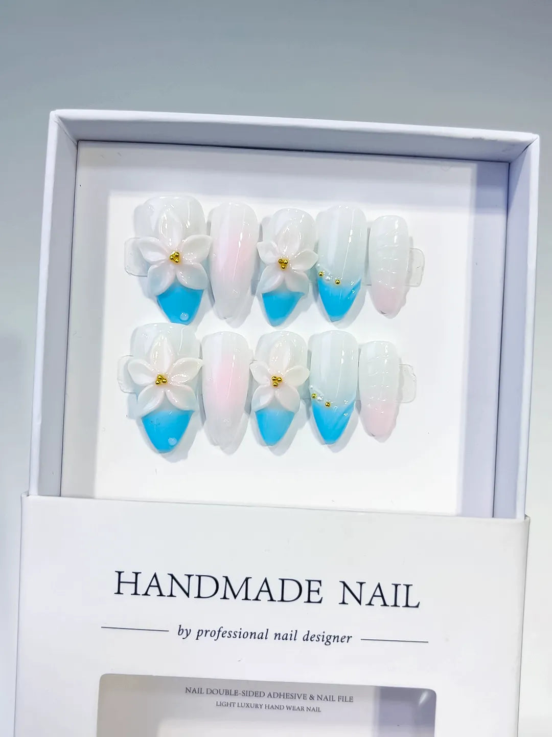 Medium White Blue Almond French tip Flower