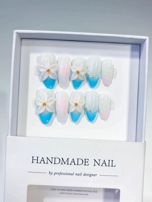 Medium White Blue Almond French tip Flower
