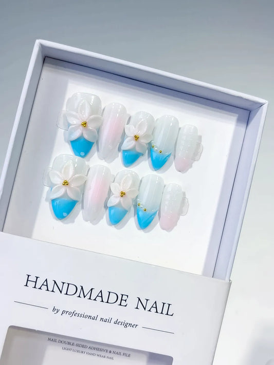 Medium White Blue Almond French tip Flower