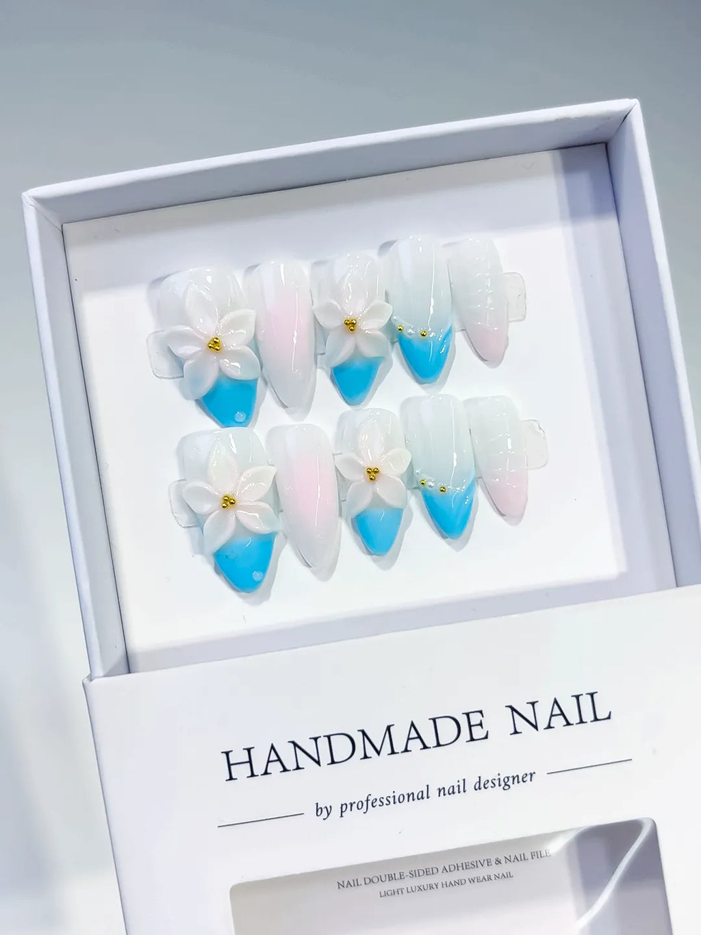 Medium White Blue Almond French tip Flower