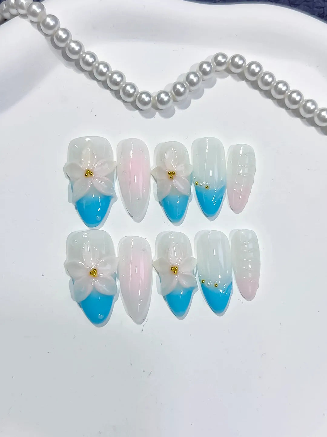 Medium White Blue Almond French tip Flower