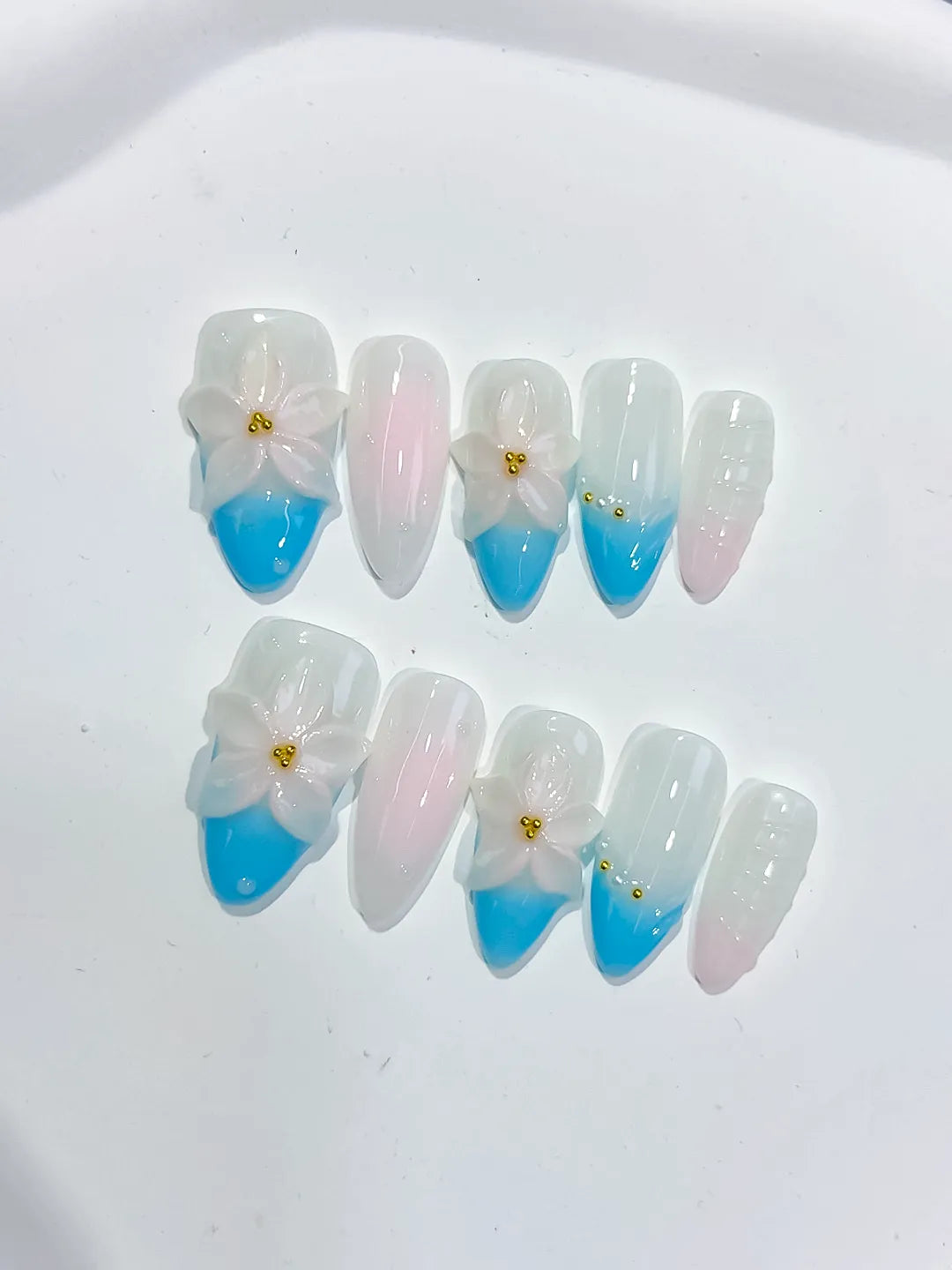 Medium White Blue Almond French tip Flower