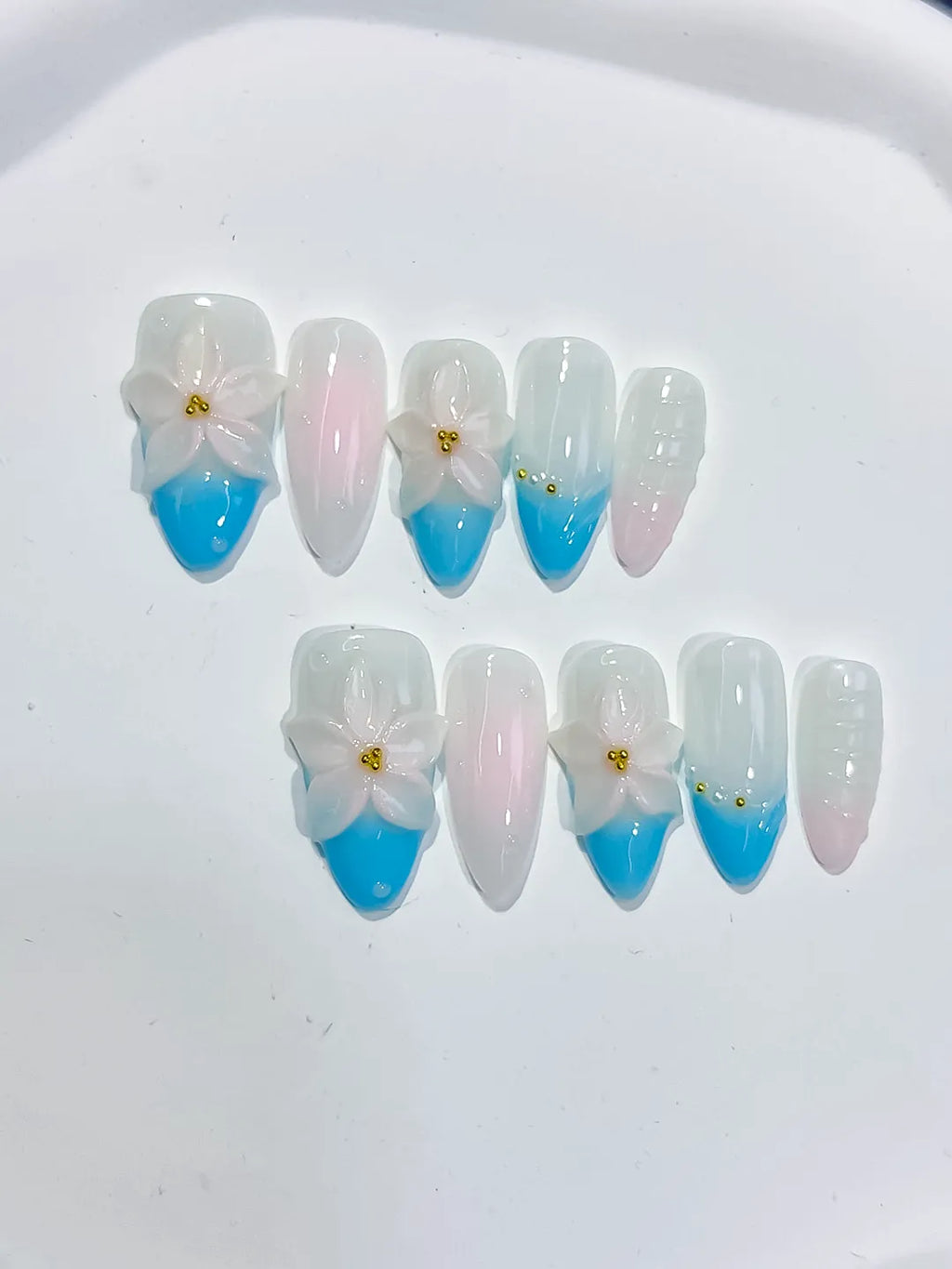 Medium White Blue Almond French tip Flower