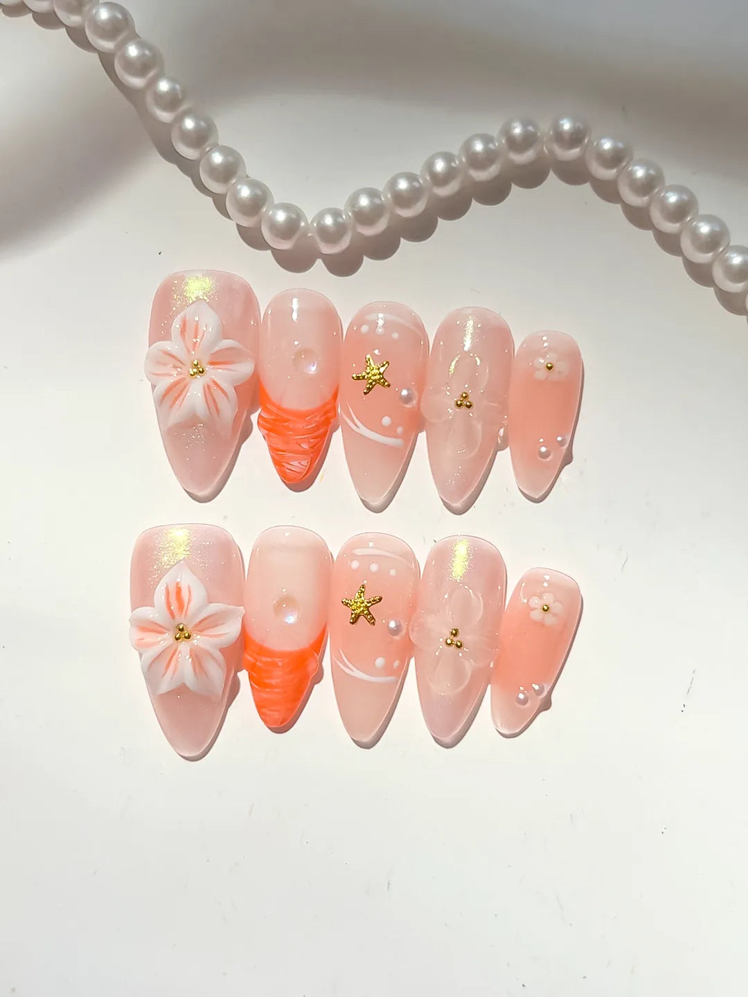 Medium Nude Orange Almond Holographic Flower Star