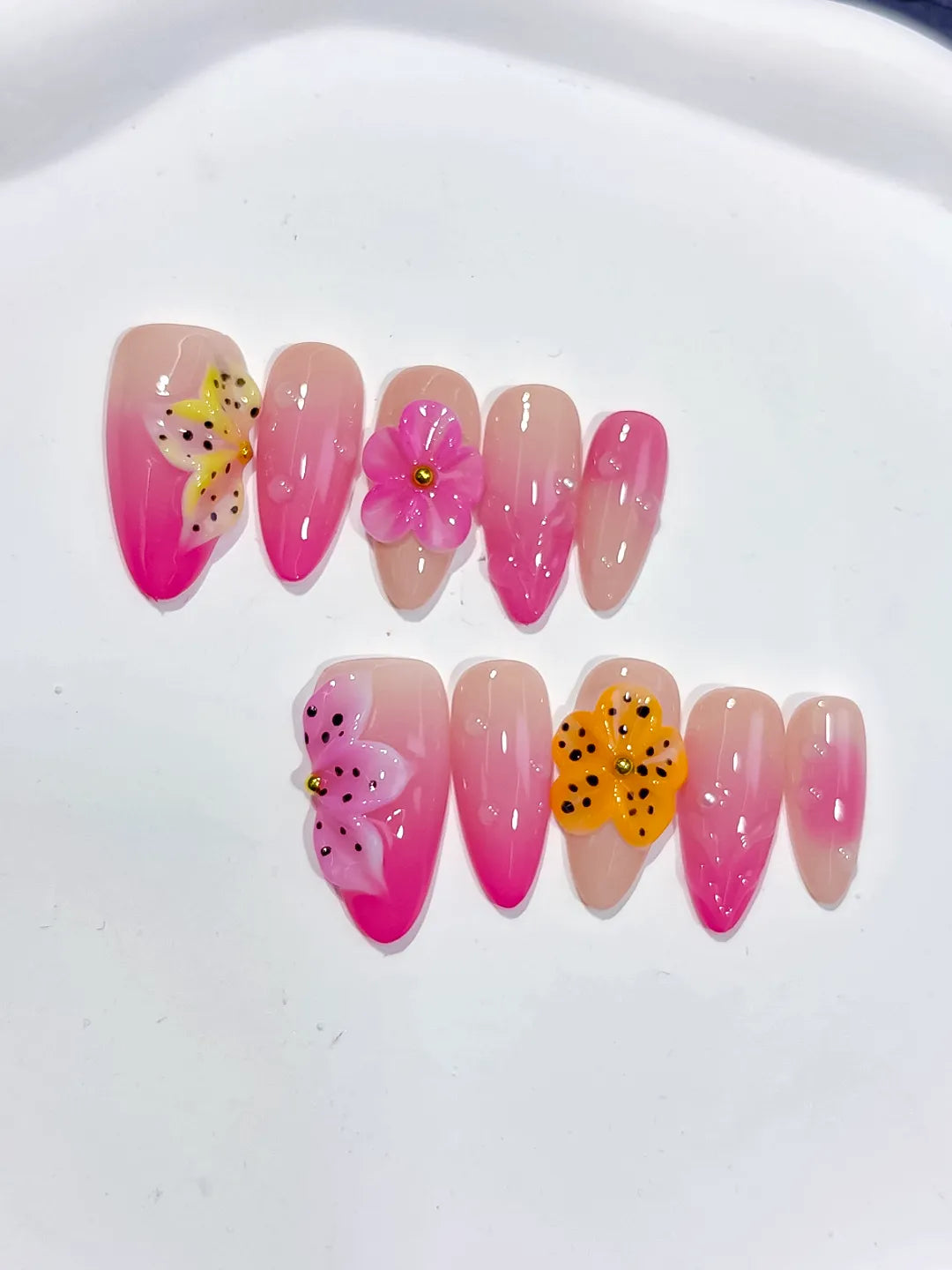 Medium Pink Yellow Almond Ombre Flower Dot Pattern