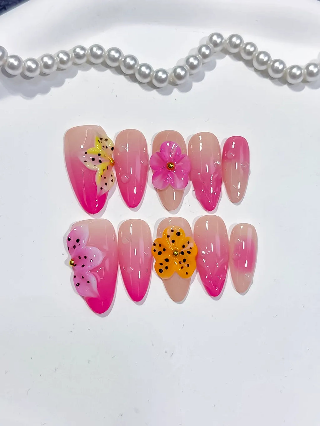 Medium Pink Yellow Almond Ombre Flower Dot Pattern