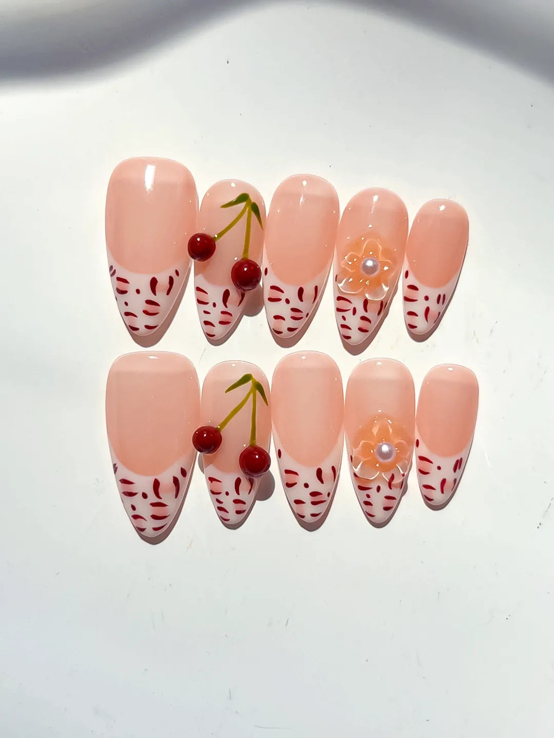 Medium Nude White Almond French tip Cherry Animal Print