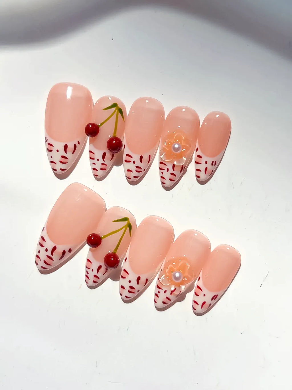 Medium Nude White Almond French tip Cherry Animal Print
