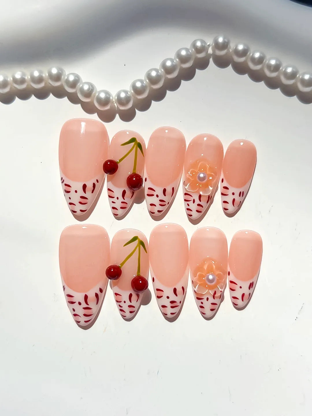 Medium Nude White Almond French tip Cherry Animal Print