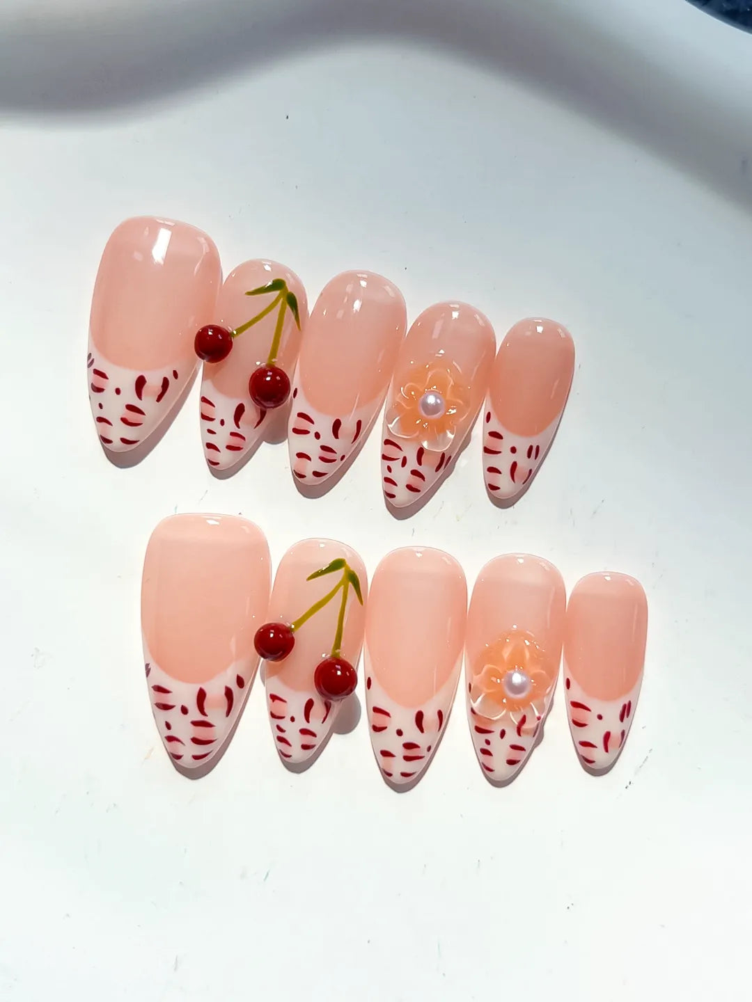 Medium Nude White Almond French tip Cherry Animal Print