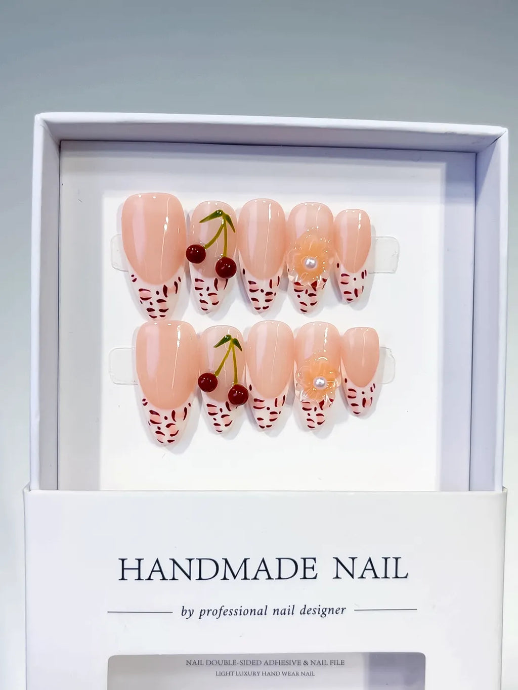 Medium Nude White Almond French tip Cherry Animal Print