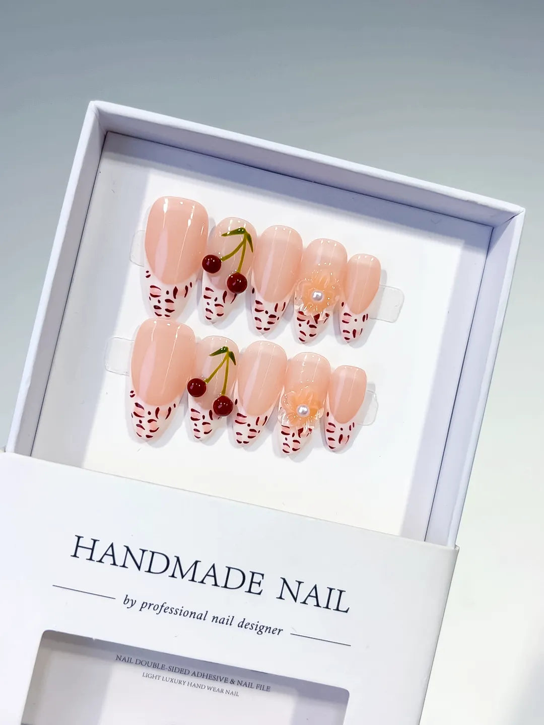 Medium Nude White Almond French tip Cherry Animal Print