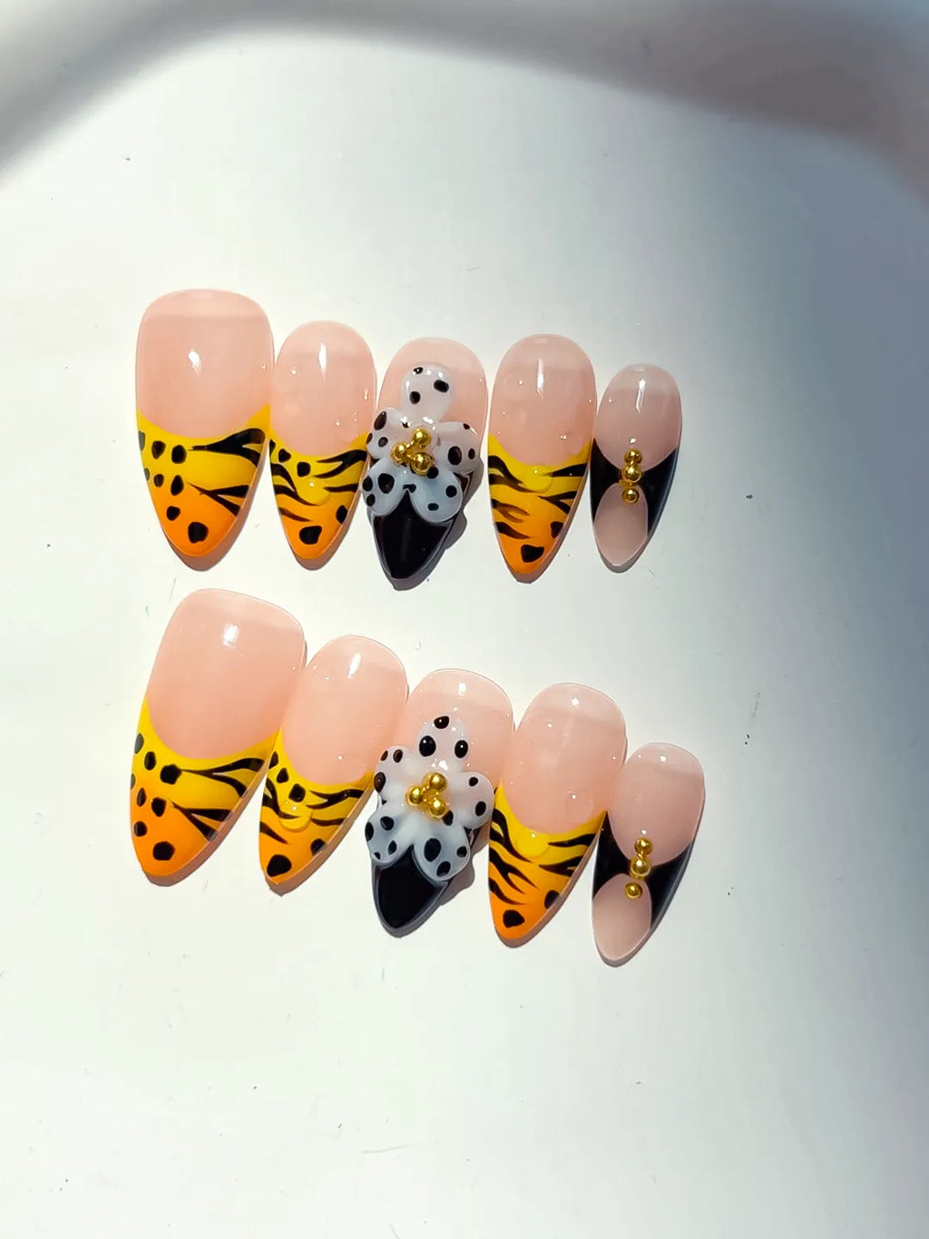 Medium Nude Yellow Almond French tip Flower Animal Print