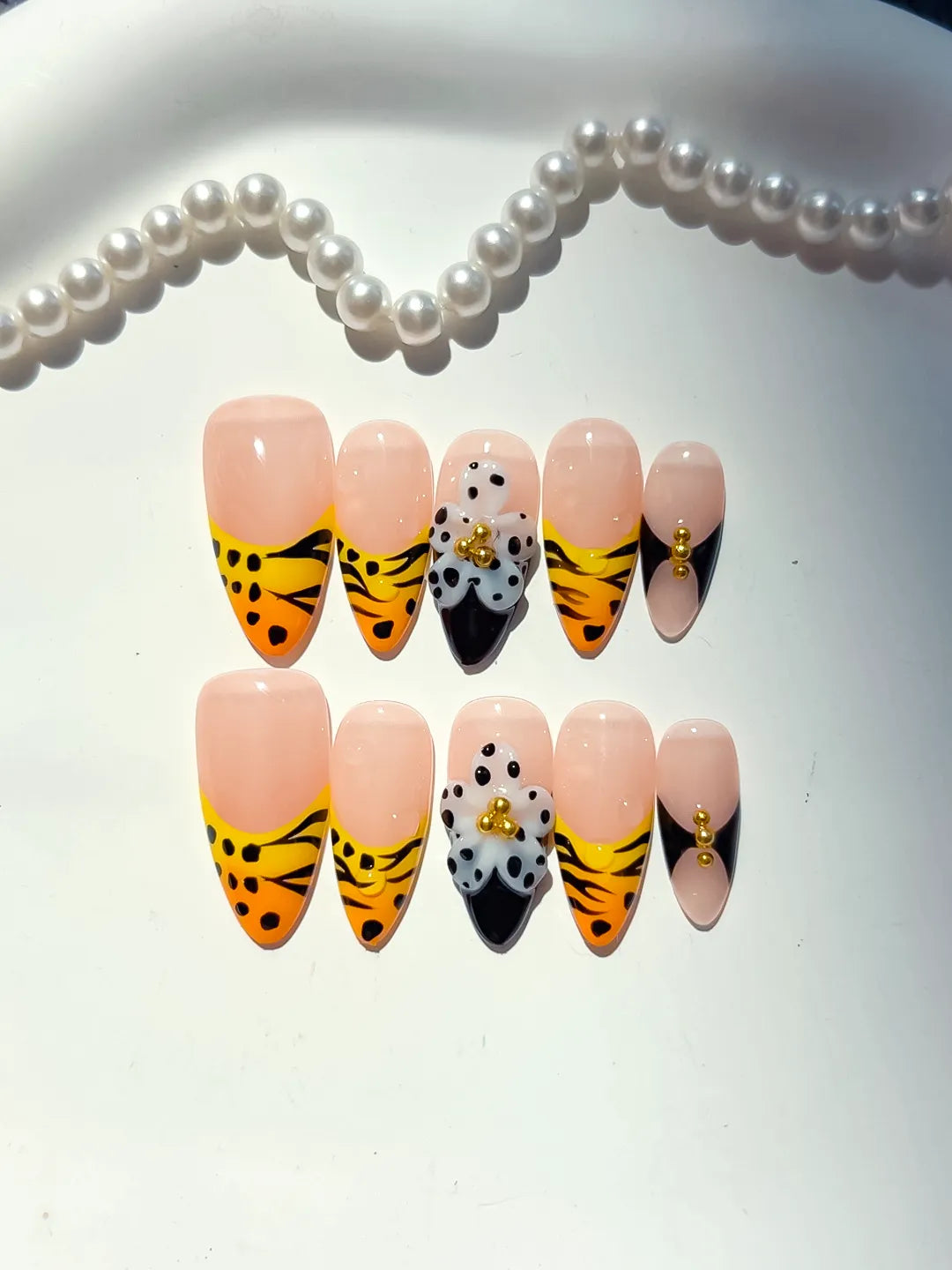 Medium Nude Yellow Almond French tip Flower Animal Print