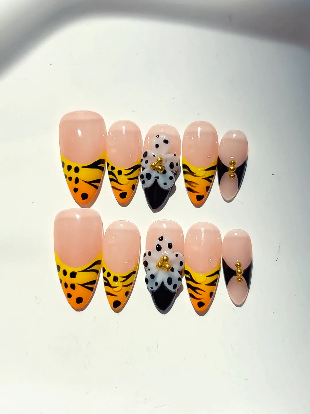 Medium Nude Yellow Almond French tip Flower Animal Print
