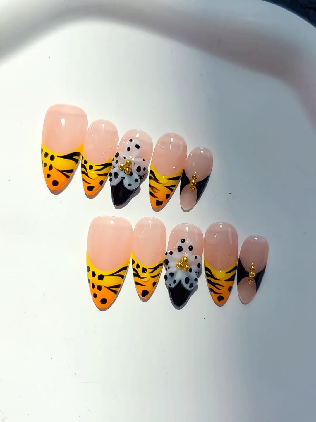 Medium Nude Yellow Almond French tip Flower Animal Print