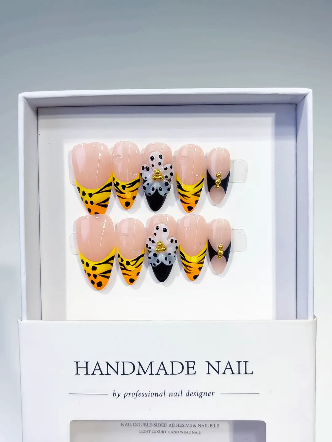 Medium Nude Yellow Almond French tip Flower Animal Print