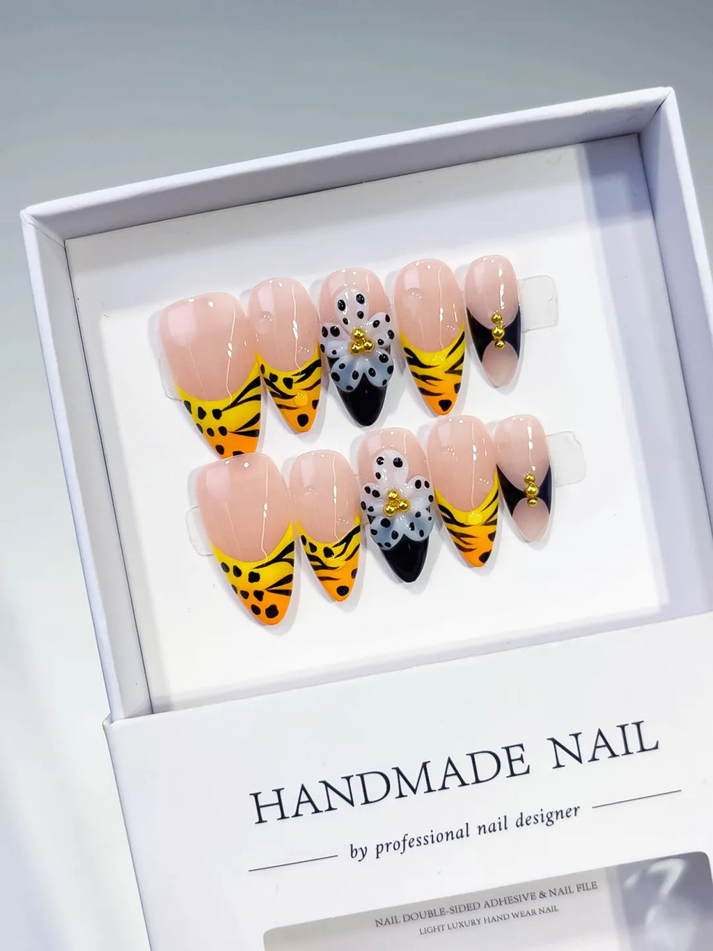 Medium Nude Yellow Almond French tip Flower Animal Print