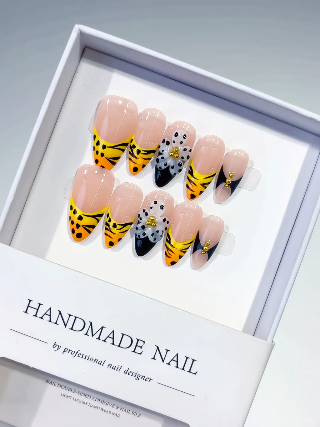 Medium Nude Yellow Almond French tip Flower Animal Print