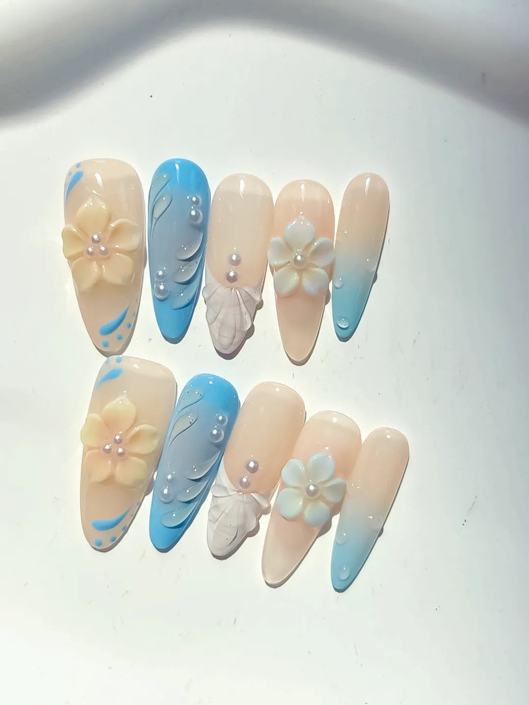 Long Nude Blue Almond French tip Flower Rhinestone