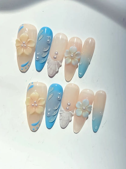 Long Nude Blue Almond French tip Flower Rhinestone