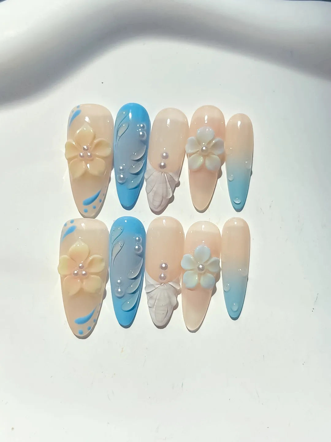 Long Nude Blue Almond French tip Flower Rhinestone