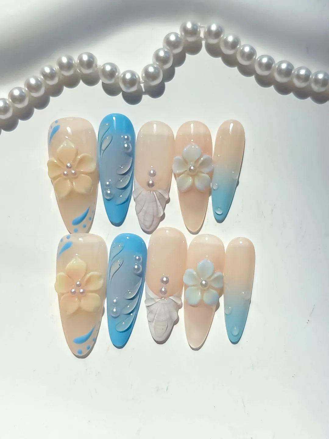 Long Nude Blue Almond French tip Flower Rhinestone