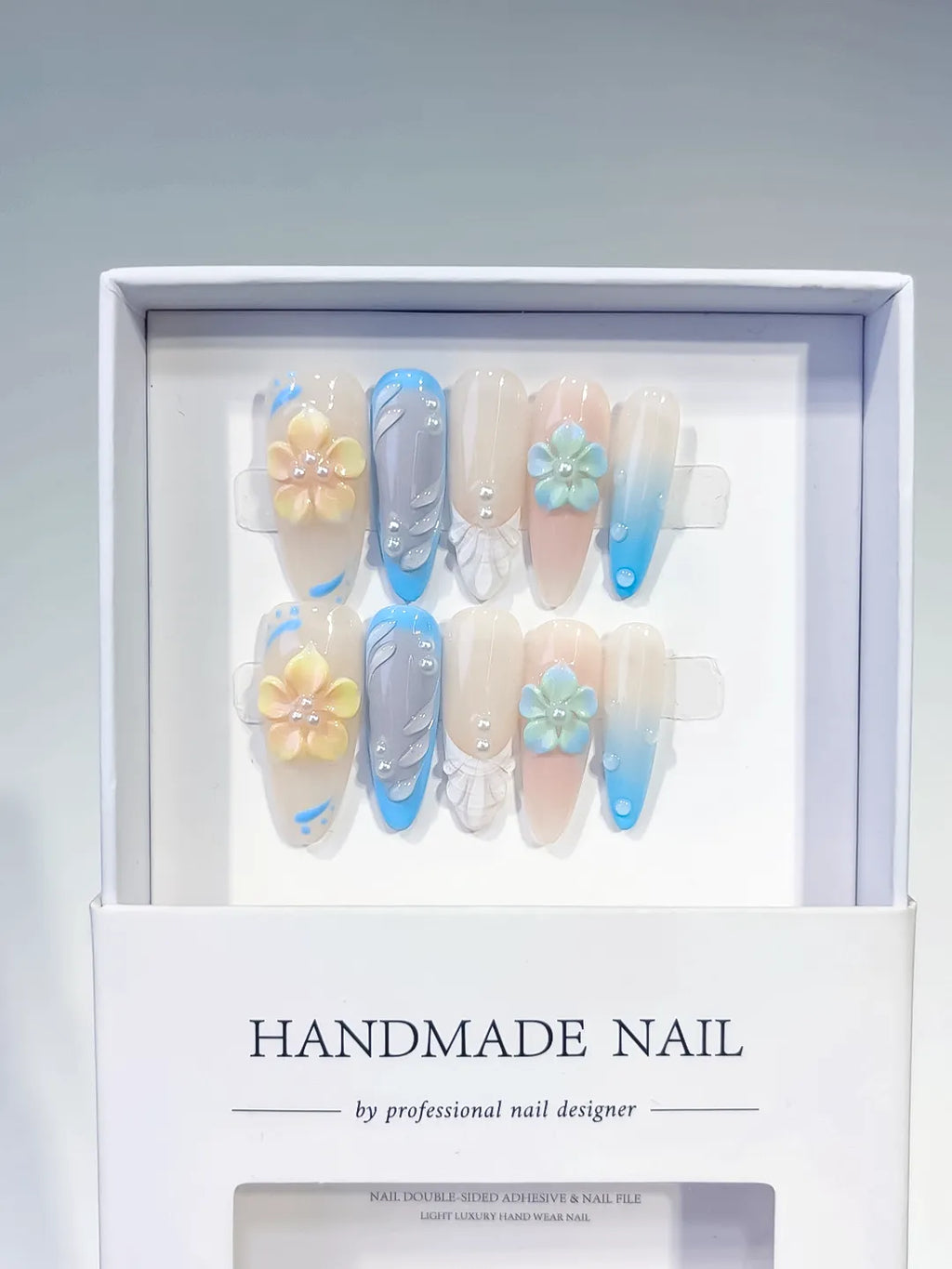 Long Nude Blue Almond French tip Flower Rhinestone