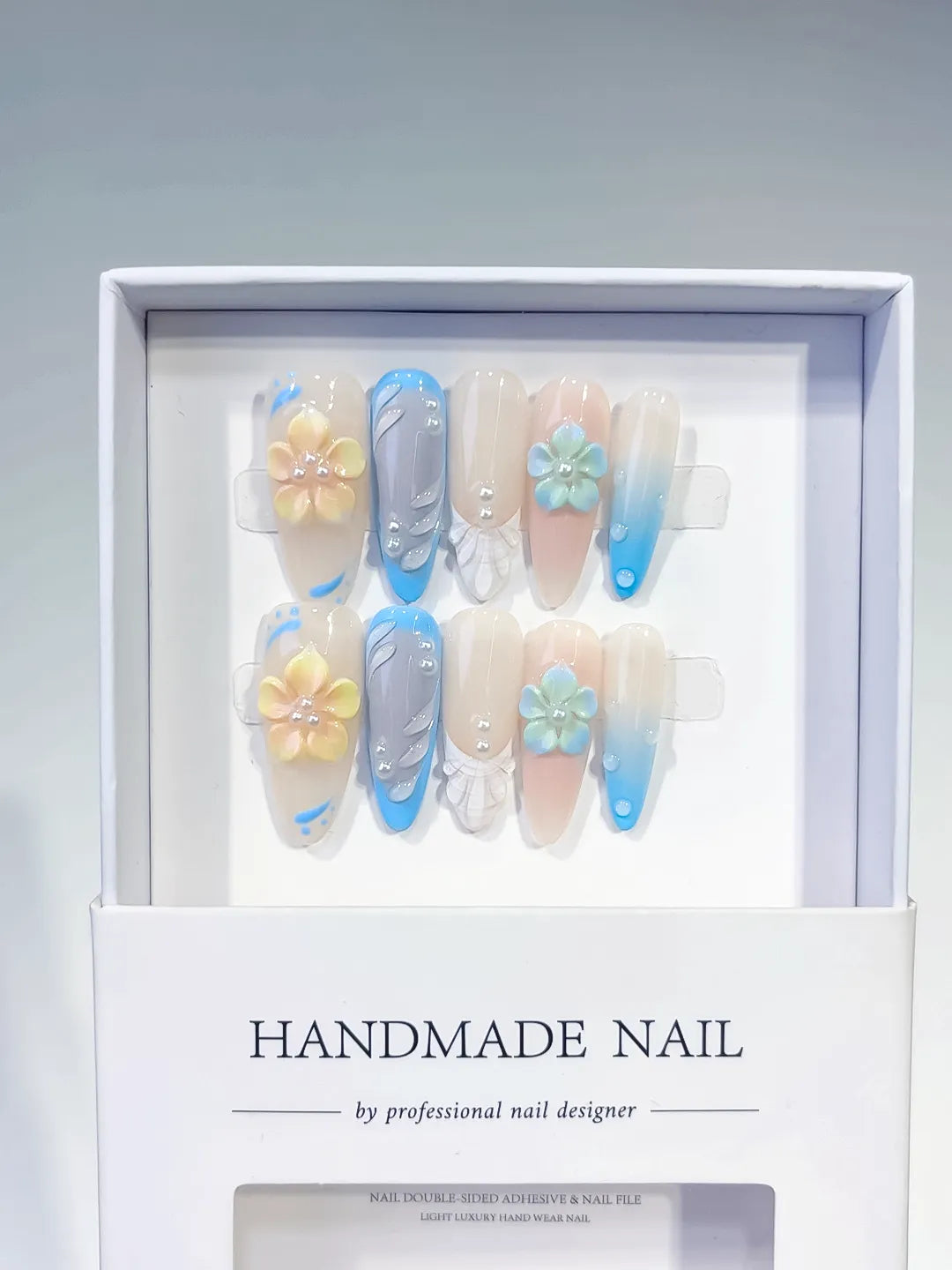 Long Nude Blue Almond French tip Flower Rhinestone
