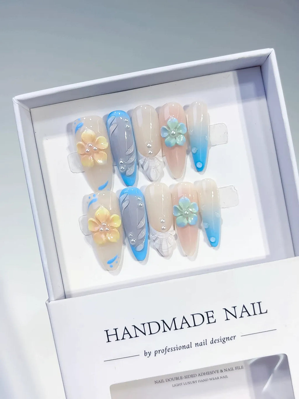 Long Nude Blue Almond French tip Flower Rhinestone