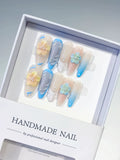 Long Nude Blue Almond French tip Flower Rhinestone