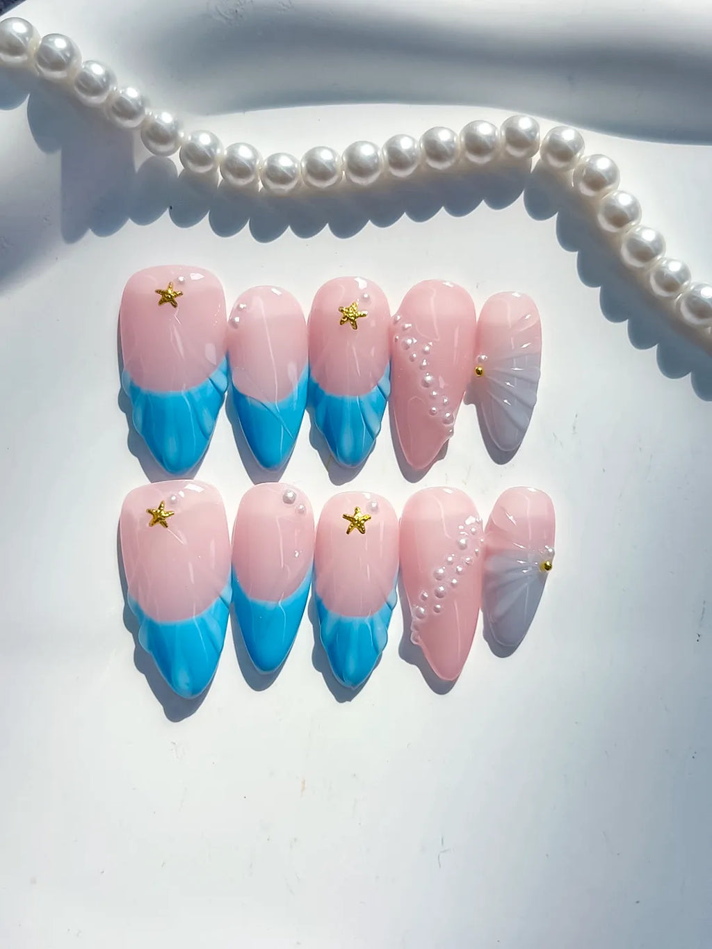 Medium Pink Blue Almond Ombre Star Shell