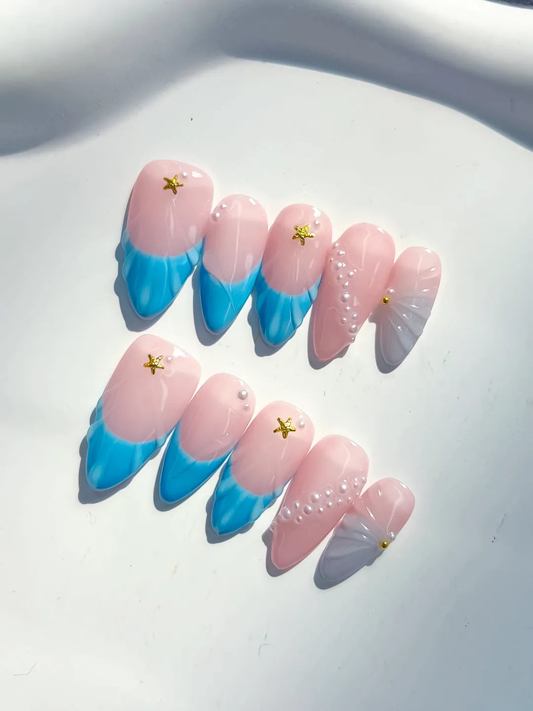 Medium Pink Blue Almond Ombre Star Shell