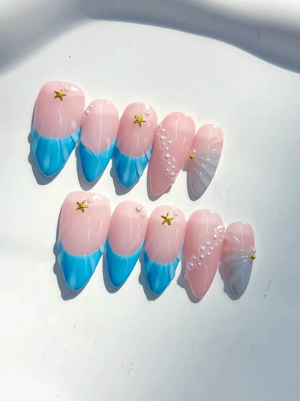 Medium Pink Blue Almond Ombre Star Shell