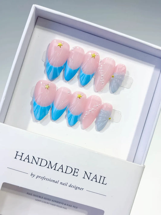 Medium Pink Blue Almond Ombre Star Shell