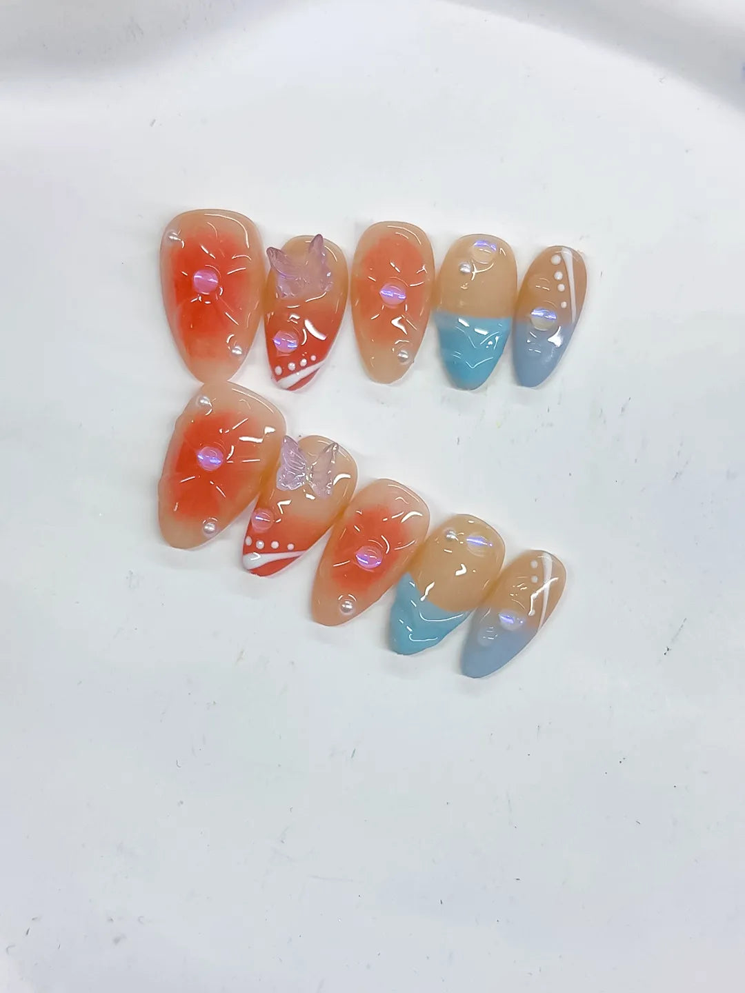 Short Nude Orange Almond Abstract Flower Bow