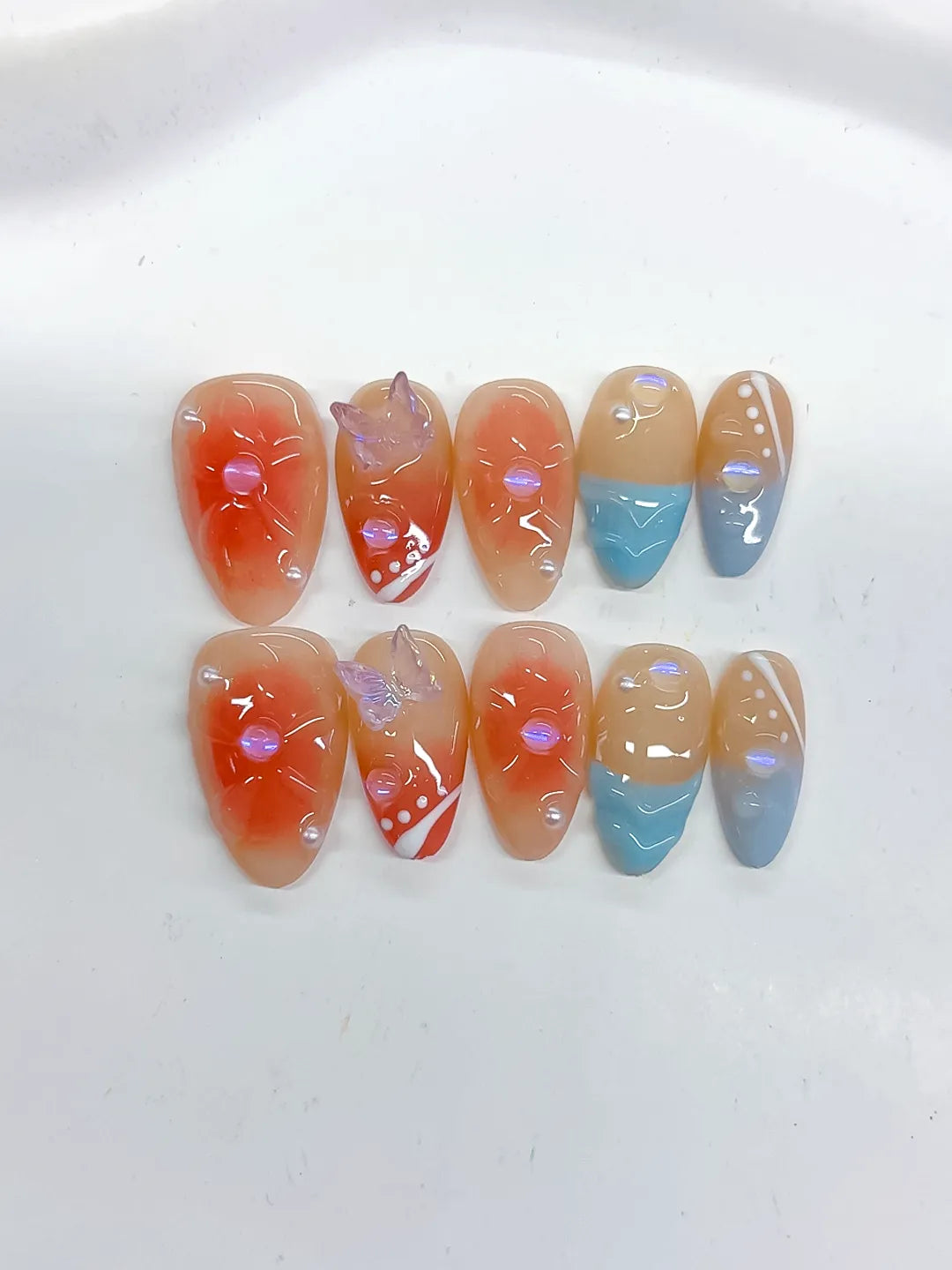 Short Nude Orange Almond Abstract Flower Bow