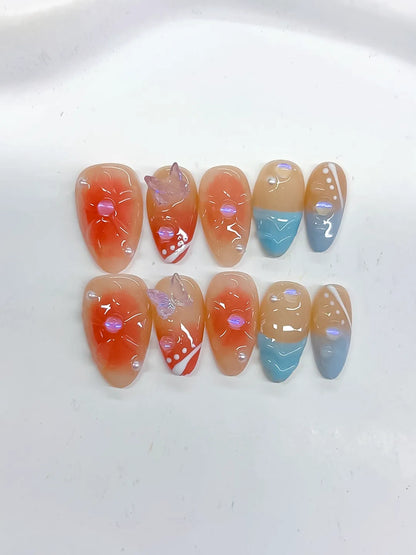 Short Nude Orange Almond Abstract Flower Bow