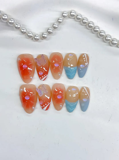 Short Nude Orange Almond Abstract Flower Bow