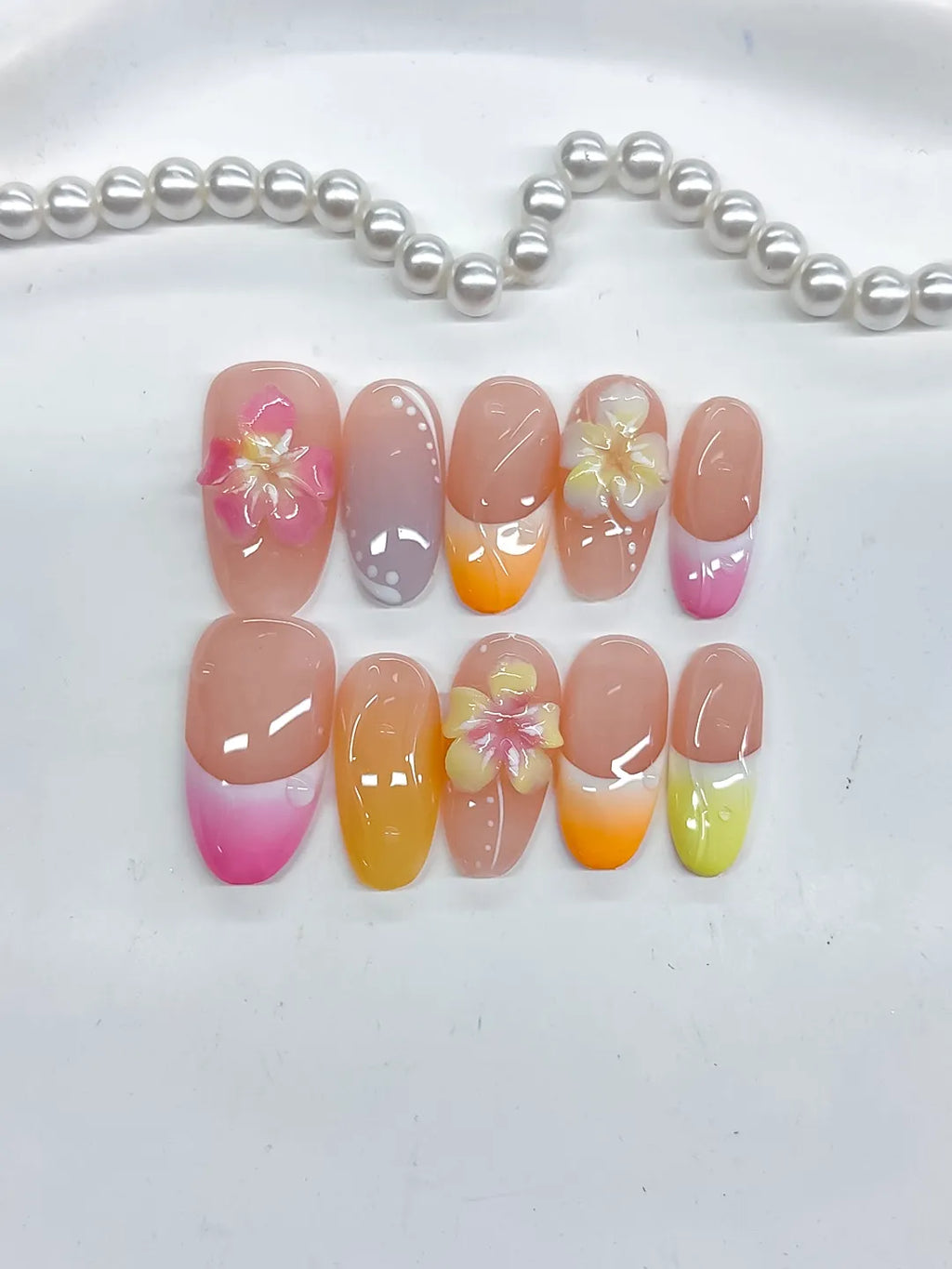 Medium Pink Yellow Oval French tip Flower Pearl