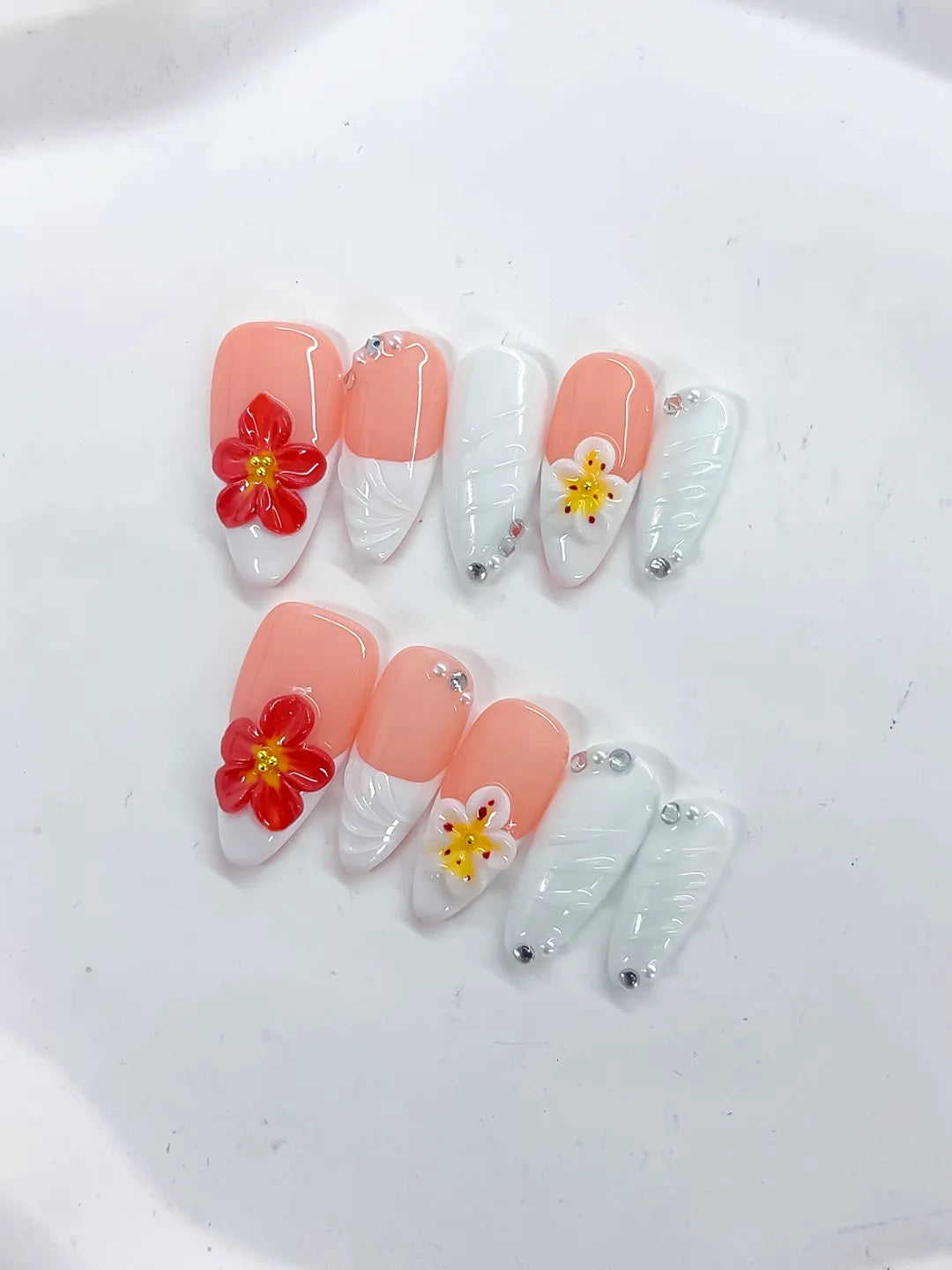 Medium Pink White Almond French tip Flower Rhinestone