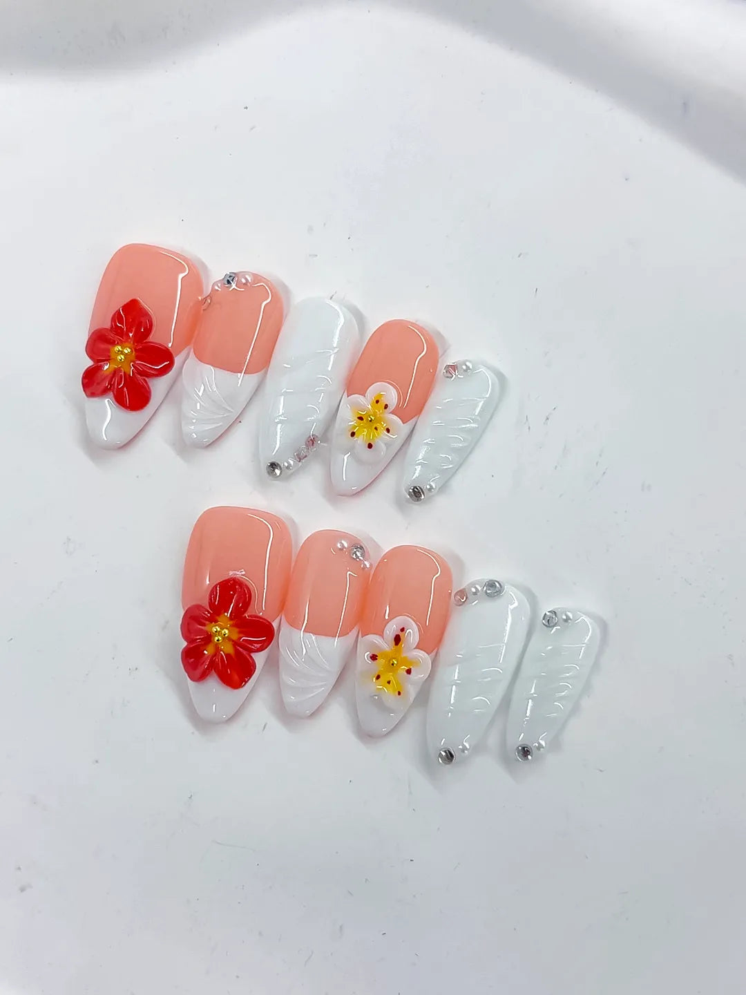 Medium Pink White Almond French tip Flower Rhinestone