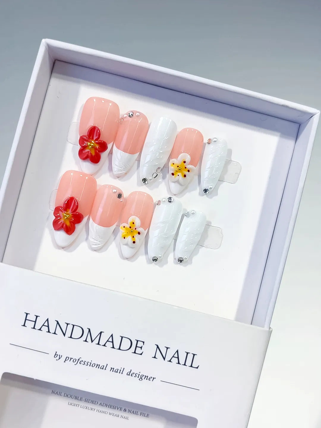 Medium Pink White Almond French tip Flower Rhinestone