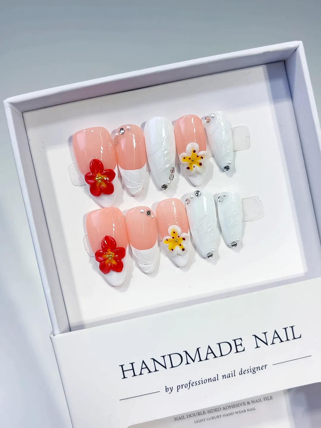 Medium Pink White Almond French tip Flower Rhinestone