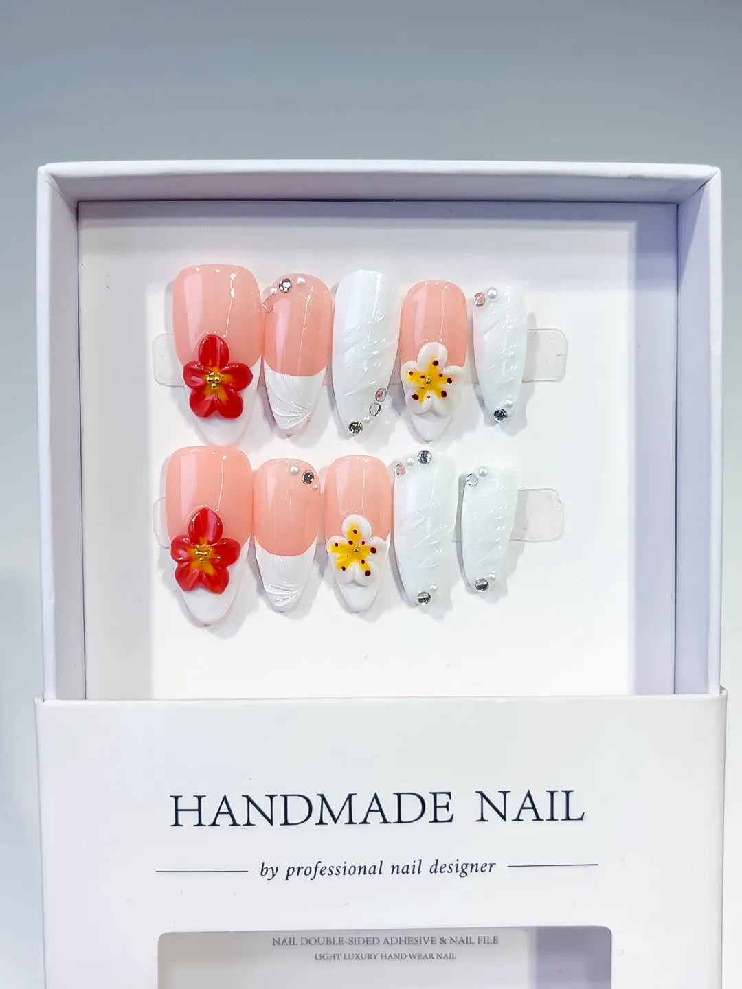 Medium Pink White Almond French tip Flower Rhinestone