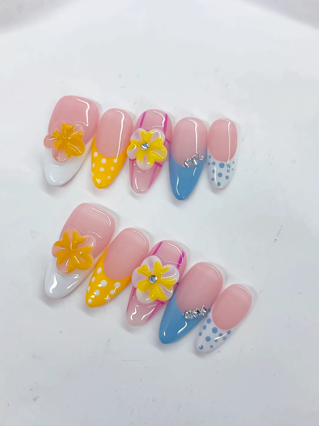 Medium Pink Yellow Almond French tip Flower Dot Pattern