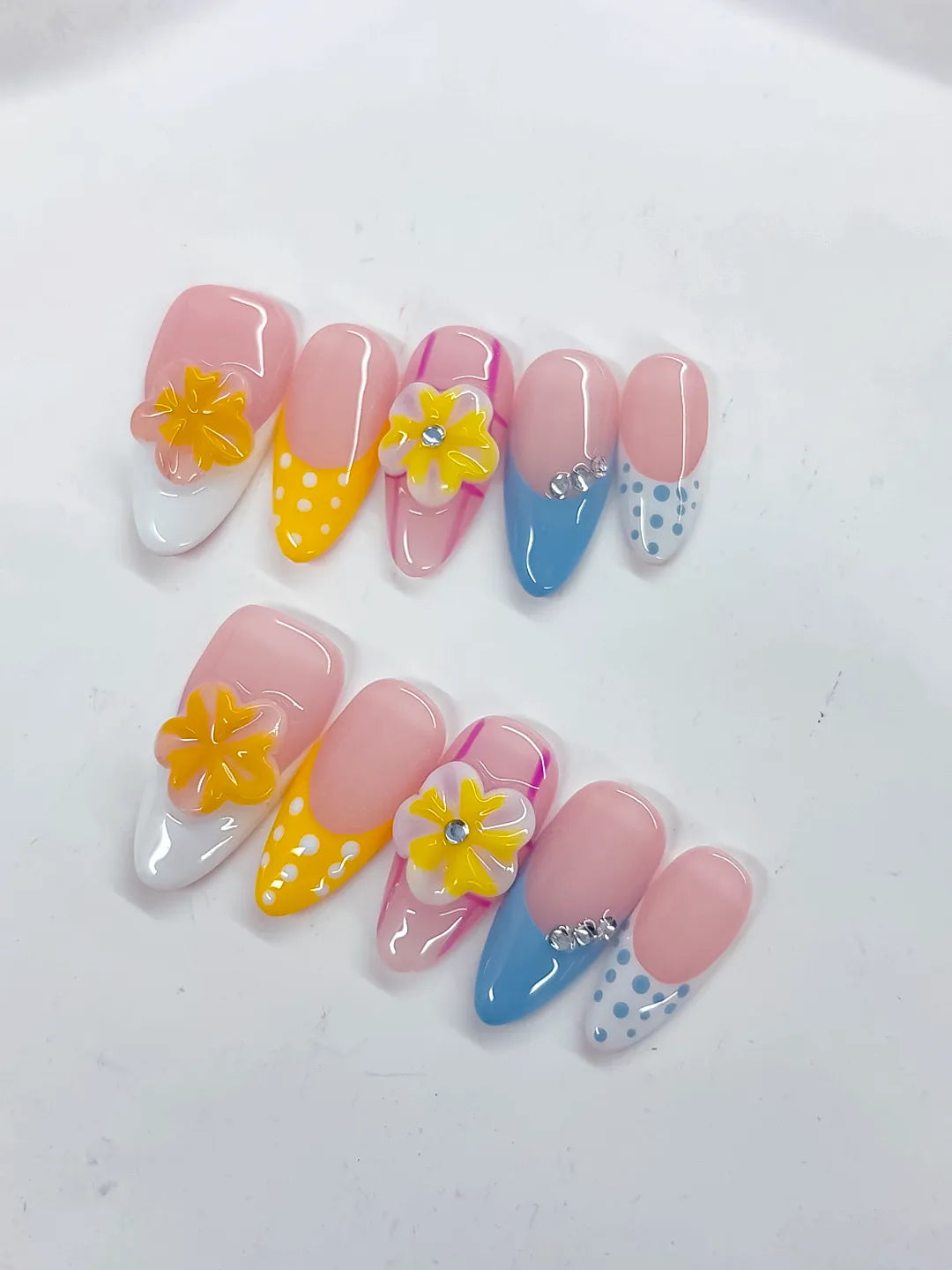 Medium Pink Yellow Almond French tip Flower Dot Pattern