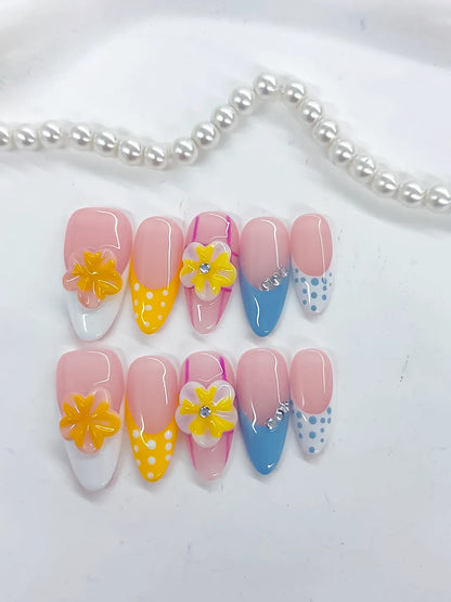Medium Pink Yellow Almond French tip Flower Dot Pattern