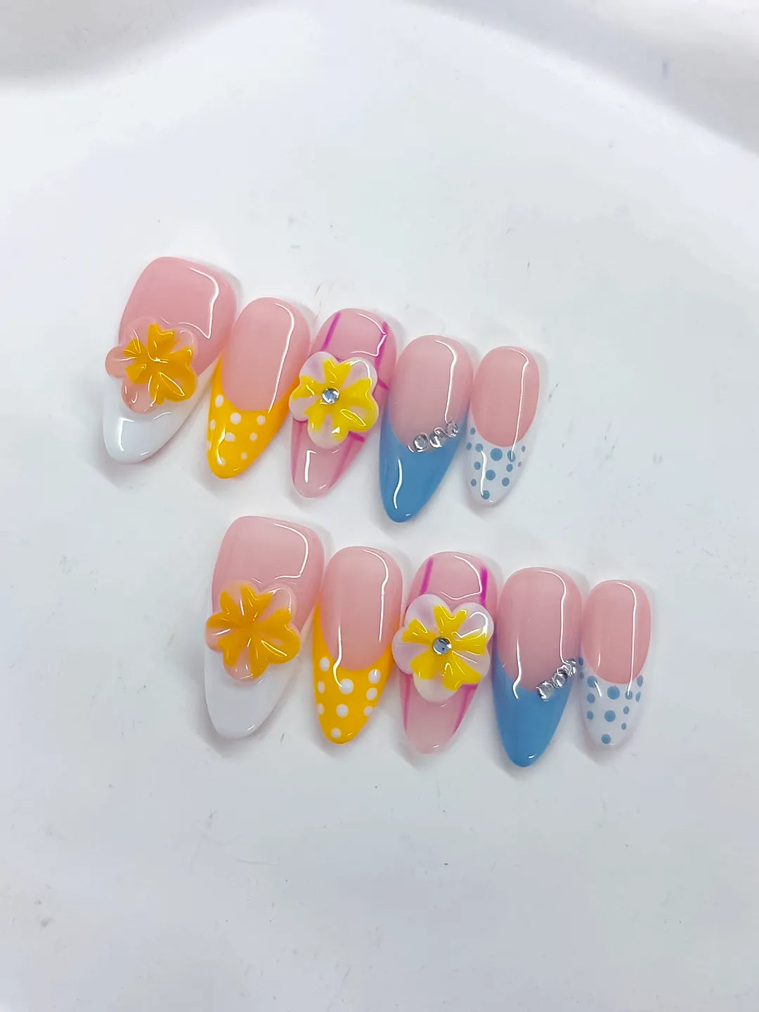 Medium Pink Yellow Almond French tip Flower Dot Pattern